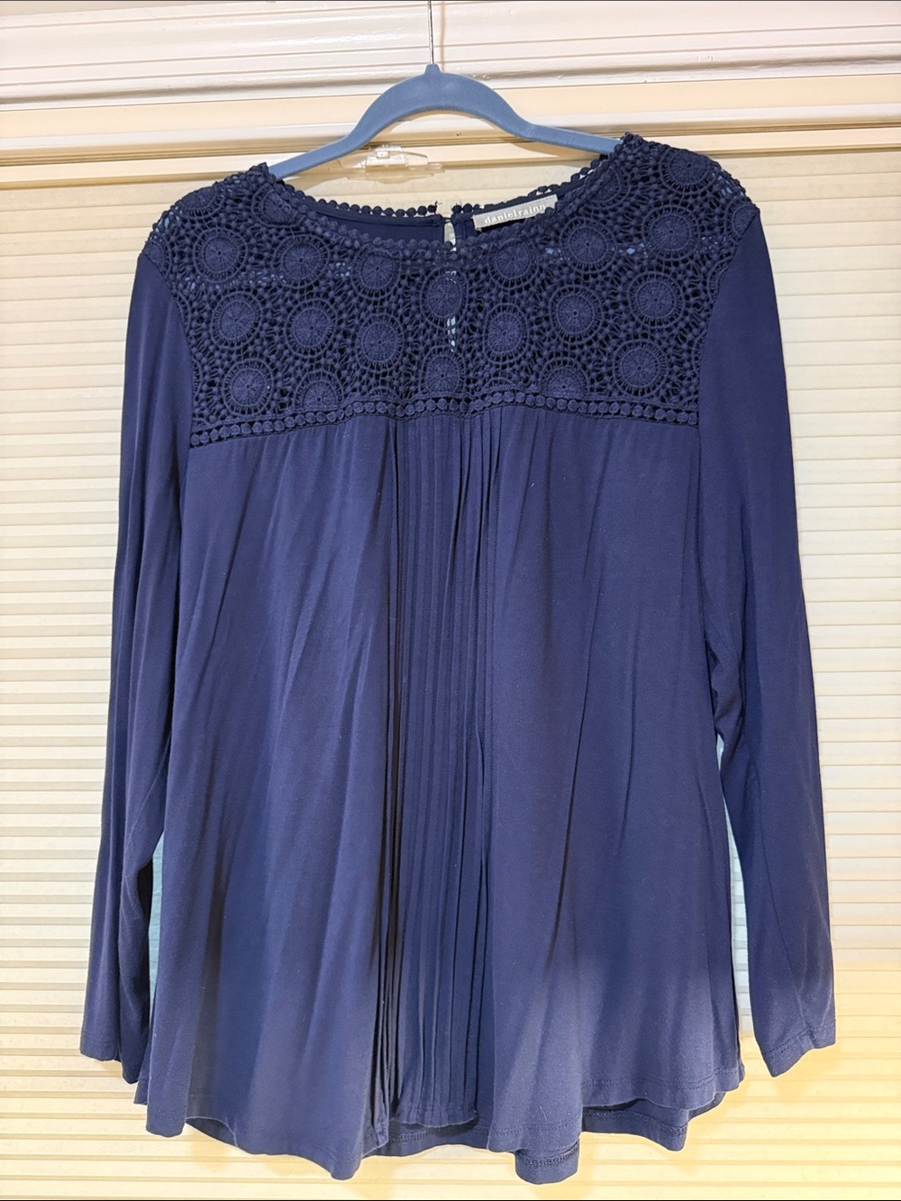 Daniel Rainn Navy Crochet Yoke Long Sleeve Blouse